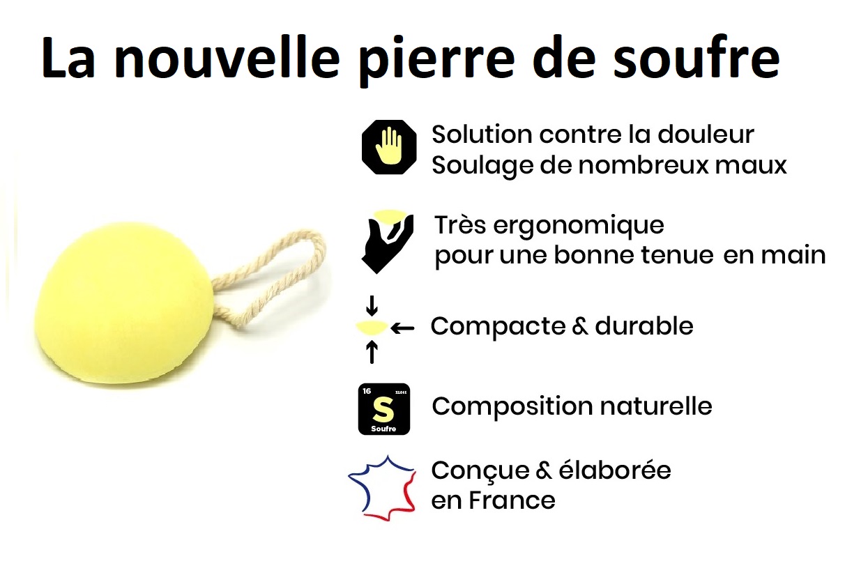 La nouvelle pierre de soufre de massage ou nouveau galet de soufre de massage inventée fin 2021 par Marc Dauphin-Roy lithothérapeute scientifique et activateur de votre santé.